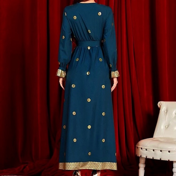 NWOT GORGEOUS Surplice Front India Saree Style Belted Maxi Teal Gold Dress - Picture 4 of 6